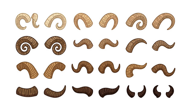 Animal horns sketch vector illustration set. Ram, goat, bull, sheep, ibex, mouflon, curved antlers, devil horns, wildlife textures and tribal hunting elements.