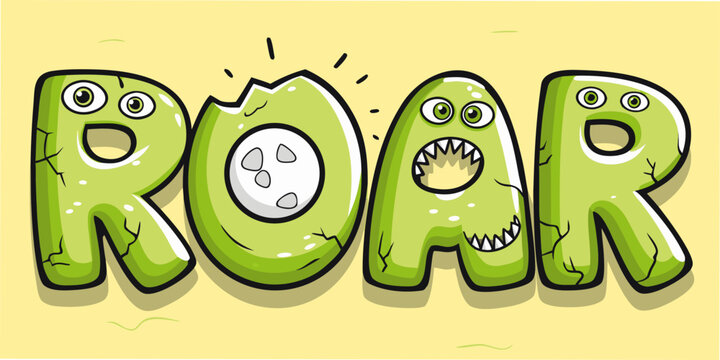 Roar lettering with cartoon monster faces vibrant vector illustration