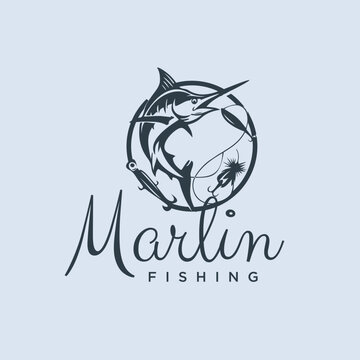 Marlin Fishing Logo: A stylized circular emblem features a leaping marlin amidst fishing lures and flies, symbolizing the thrill of the catch and the allure of deep-sea angling.