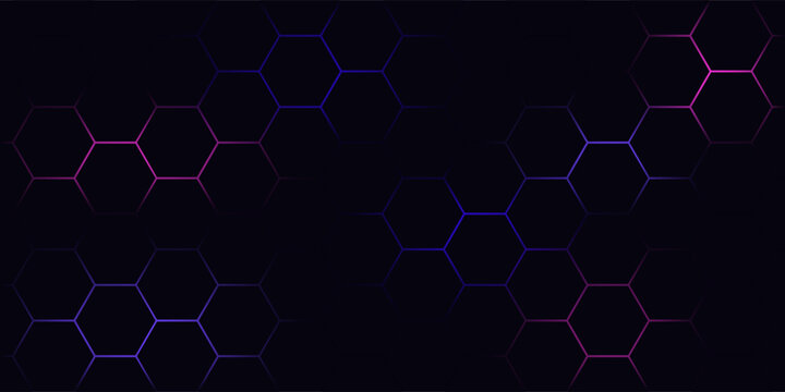 Dark hexagon abstract technology background with purple and pink colored bright flashes under hexagon.