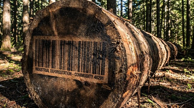 A close up of a felled tree trunk stamped with a barcode in a forest, symbolizing industrial deforestation and nature as a commodity