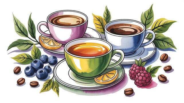 Collection of various hot beverages in colorful cups with fresh berries and coffee beans