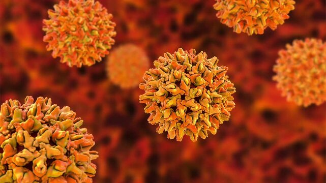 Hepatitis B virus particles, 3D animation showing slowly rotating enveloped virions with surface antigen spikes, illustrating viral pathogen causing liver infection.