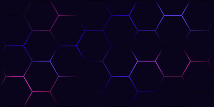 Dark hexagon abstract technology background with purple and pink colored bright flashes under hexagon.