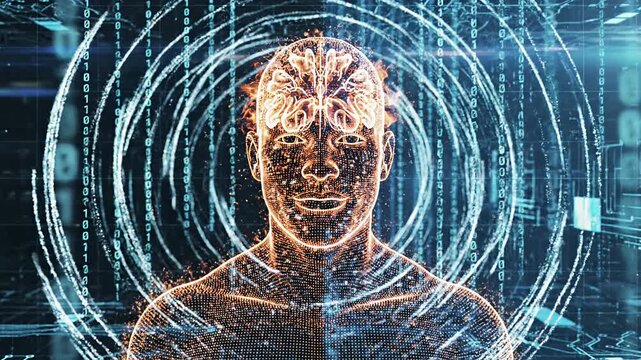 Digital human portrait with glowing brains and binary code