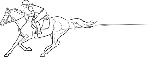 Fototapeta premium A minimalist line drawing depicts a jockey in full racing gear astride a powerful horse in mid-gallop isolated on transparent background