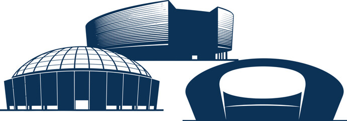 Three distinct modern stadium and arena building silhouettes representing sports and entertainment venues isolated on transparent background © RAC.Design-Magic