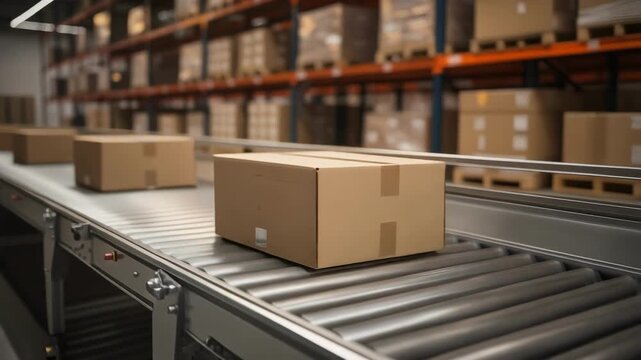 Smooth warehouse conveyor belt transporting sealed cardboard boxes in an organized industrial setting