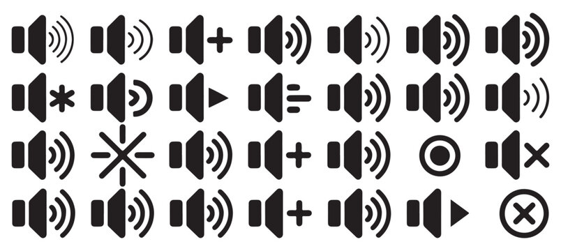 Large collection of speaker volume and sound control icons in a linear arrangement.