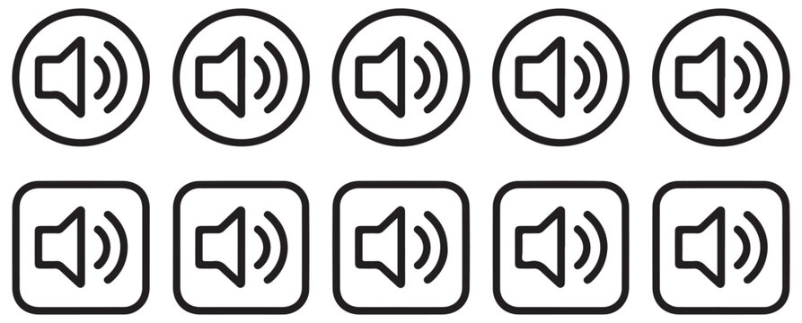 Outline speaker volume icons in circles and squares on transparent background.