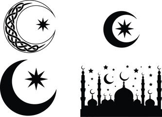 Set of traditional Muslim religious symbols featuring Celtic crescent ornament mosque dome minarets and starry night sky graphic templates © ASDF