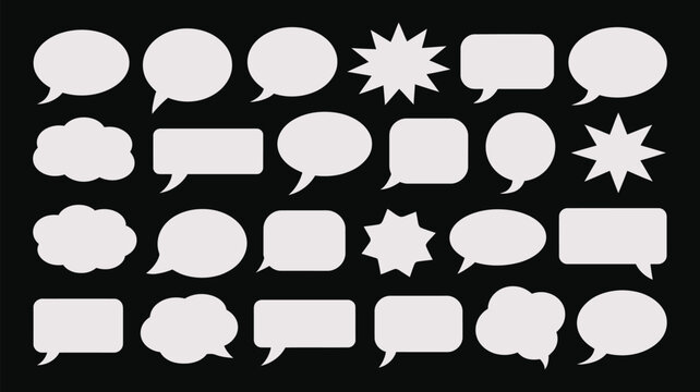 Collection of blank white speech bubble silhouette templates vector elements on black background for comic chat message dialog and discussion