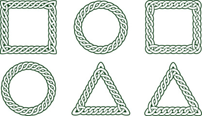 Traditional green Celtic pattern elements set featuring interconnected rope knotwork geometric frames isolated on a white background vector illustration © ASDF