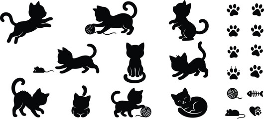 Obraz premium Cat Silhouettes And Paw Prints Black Vector Graphics On White Background