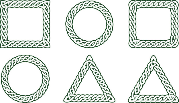 Traditional green Celtic pattern elements set featuring interconnected rope knotwork geometric frames isolated on a white background vector illustration