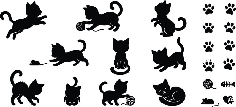 Cat Silhouettes And Paw Prints Black Vector Graphics On White Background