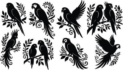 Black Parrot Silhouettes With Foliage Vector Illustration © Rekha