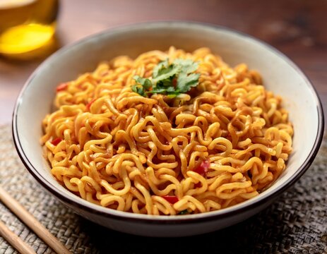 instant masala maggi noodles served in a bowl with selective focus and blurred background