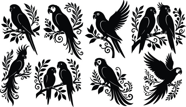 Black Parrot Silhouettes With Foliage Vector Illustration