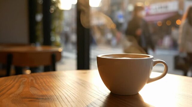 A steaming cup of coffee on a wooden cafe table, capturing a serene moment for relaxation and reflection. Perfect for morning rituals, coffee breaks, and cozy ambiance in an urban setting.