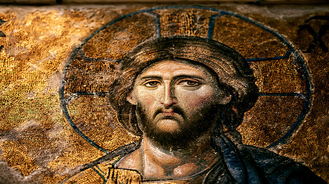 The mosaic depicts the solemn and compassionate face of Christ with a golden halo, dark curly hair, a short beard, and large, expressive eyes. The tesserae are crafted from gold, silver, and colored g
