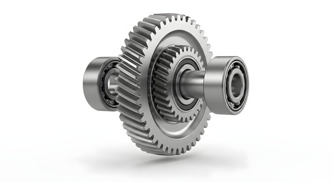 Metallic industrial machine gear part with bearings on white background.
