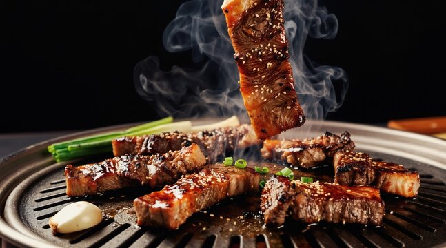 Juicy beef ribs grill in Korean BBQ style. Sizzling meat cooks on hot grates with scallions and garlic. Savory marinade coats barbecue slices with sesame seeds.