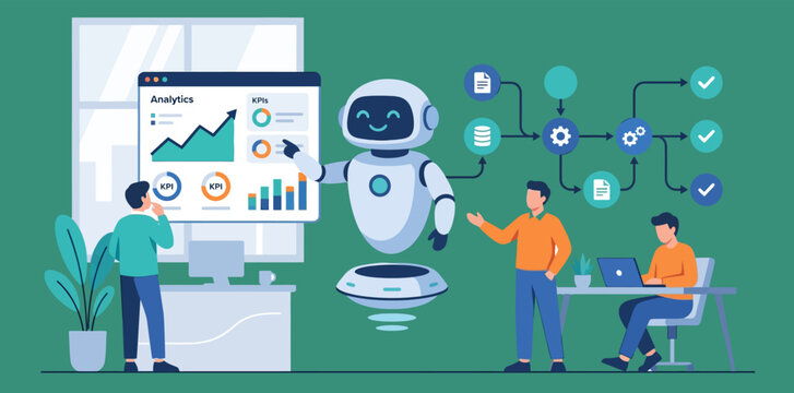 Smart artificial intelligence robot presenting business analytics dashboard to office team and developers.