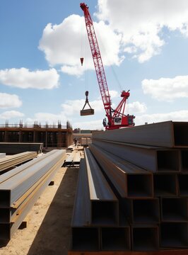 Red crane lifts steel beams at active construction site. Large metal profiles and building frames under blue sky with clouds. Progress of new urban infrastructure project.