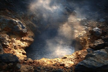Fototapeta premium Golden Mineral Crusts Around Pool Rim in Volcanic Landscape