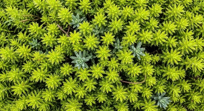 Vibrant Green Sedum Succulent Groundcover Texture Background - Dense Carpet of Yellow-Green Plants in a Garden
