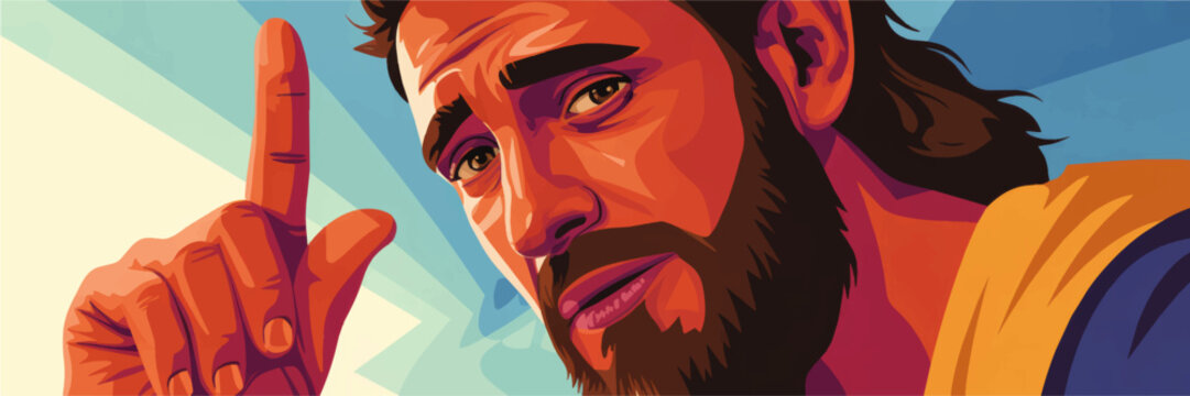 Colorful vector portrait of thoughtful bearded man pointing upward, modern flat illustration with geometric shapes and warm abstract background