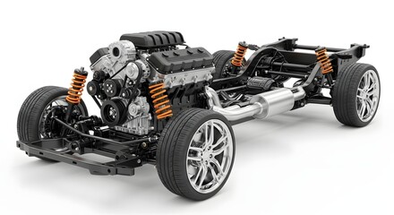 Fototapeta premium Full car chassis with engine suspension and wheels on white background studio.