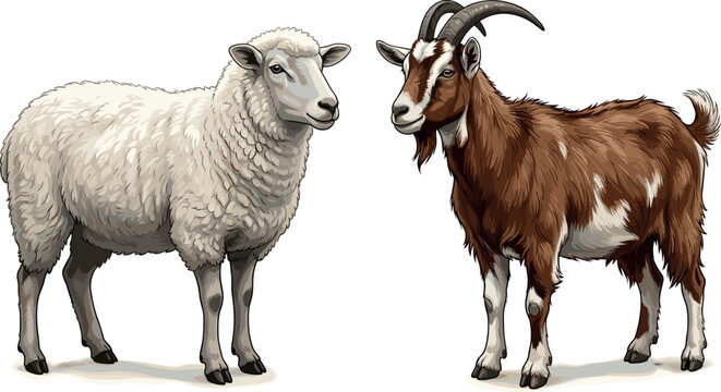 Realistic Domestic Sheep and Horned Goat Vector Illustration Set with Farm Animals Side View Profiles Isolated on White Background for Countryside Designs