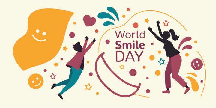 World smile day composition with happy people silhouettes and abstract shapes for celebration concept.