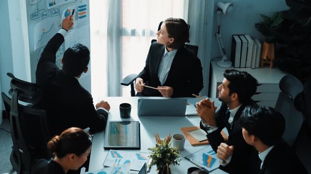 Top view of professional businesswoman pointing mind map and investment chart at whiteboard while looking at financial statistic graph. Marketing team working together to brainstorm idea. Directorate.