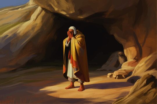 Biblical man praying at cave entrance at sunrise, emotional religious illustration of desert solitude, spiritual devotion artwork