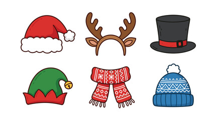 Christmas hat and winter scarf vector cartoon element set. Red Santa caps, reindeer antlers headband, black magician top hat, green elf beanies, and knitted wool garments. ©  AR Studio Company