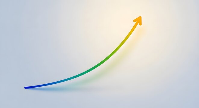 Abstract rainbow arrow curve showing growth performance on light grey background.