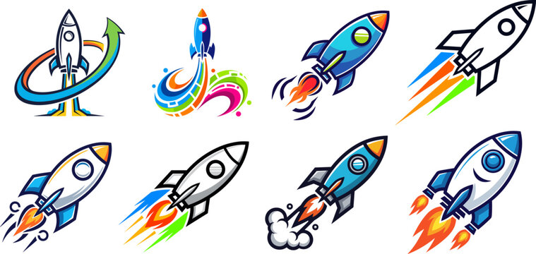 Rocket ship illustrations with flame trails and circular elements vibrant vector graphics
