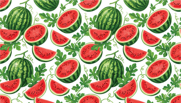 Fresh watermelon fruit seamless pattern vector background. Whole watermelons, red juicy slices with black seeds, green vine leaves, and summer food textile decoration.