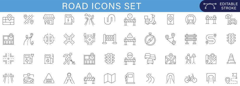 Road icons set editable stroke vector collection for navigation traffic transport highway direction parking map route street sign infrastructure driving symbols urban mobility illustration editable