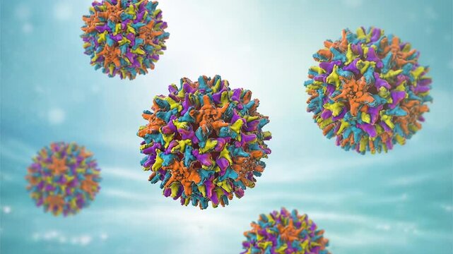 Hepatitis B virus particles, 3D animation showing slowly rotating enveloped virions with surface antigen spikes, illustrating viral pathogen causing liver infection.