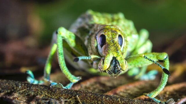 Glitter Weevil (Compsus sp.), A bright green species from the Ecuadorian Amazon. An example of structural colouration, the iridescence is created from photonic crystals within the body scales.