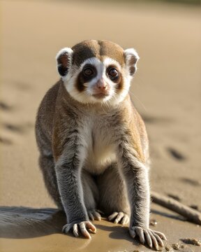 A soil toned pygmy slow loris  fantasy animal experiment, fictional species in a sunlit surf line