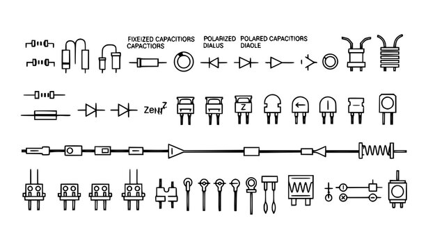 Electronic circuit conductor and semiconductor icon vector set with diode resistor capacitor and transistor elements