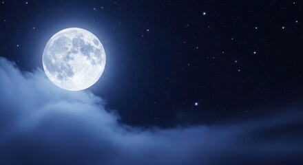 Fototapeta premium Full Moon Shining Brightly in a Starry Night Sky with Soft Blue Clouds and Cosmic Background