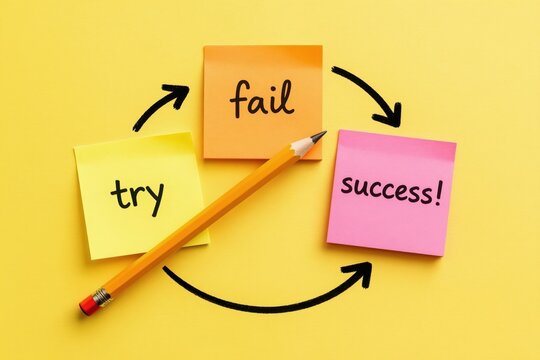 Conceptual cycle diagram shows stages of trying failing and succeeding. Pencil moves through sticky notes to illustrate progress. Mind map art.
