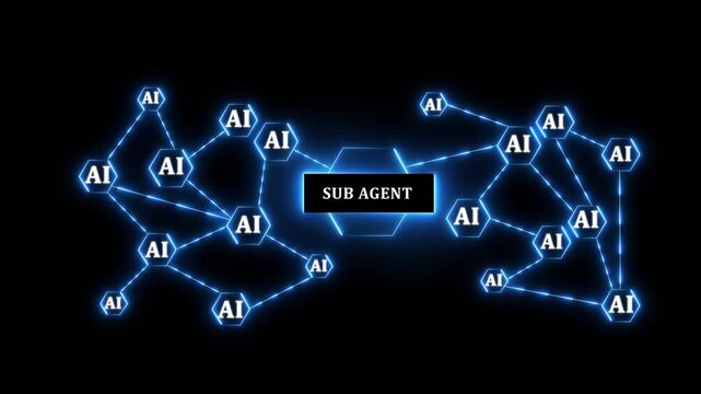 ai agent- businessman working with virtual reality at office. Glowing hexagon displays artificial intelligence agent text against digital circuit backdrop. update ai sub agents system