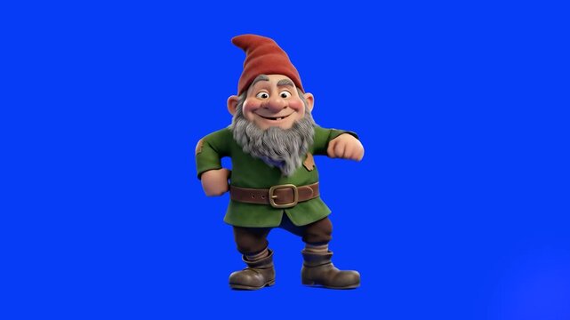 A friendly 3D animated garden gnome with a pointed red hat and long grey beard stands and waves against a solid blue screen. This charming mascot is ideal for nursery rhymes, children's cartoons, or f